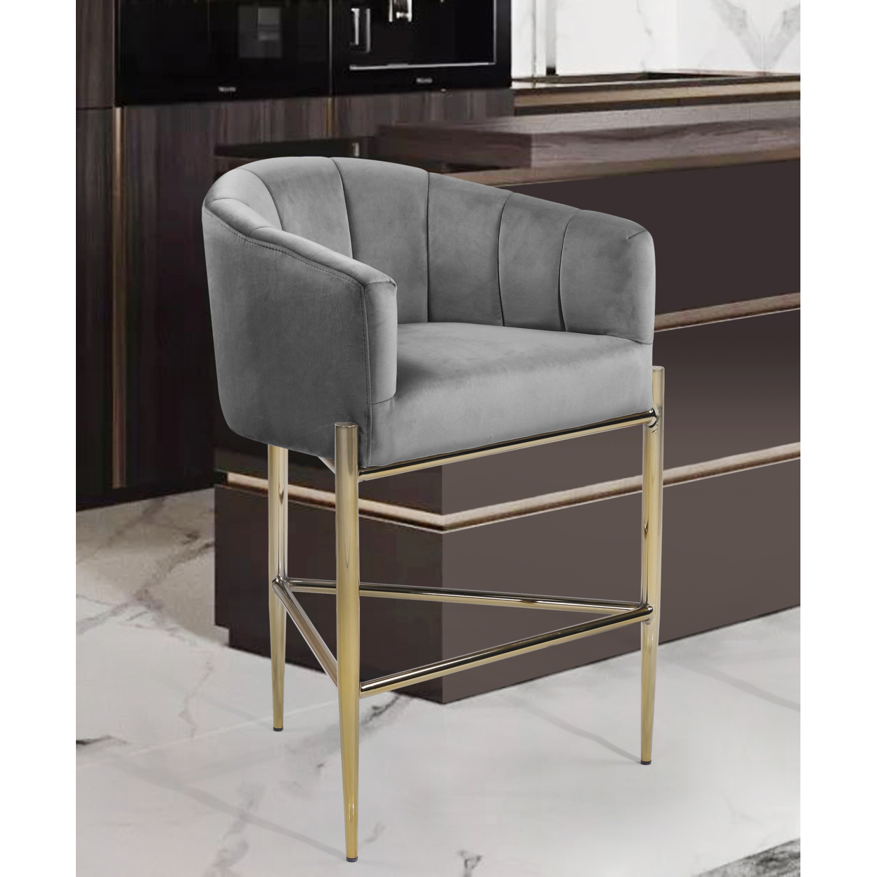 Iconic Home Ardee Counter Stool Chair Velvet Upholstered Shelter Arm Shell Design 3 Legged Gold Tone Solid Metal Base - Silver