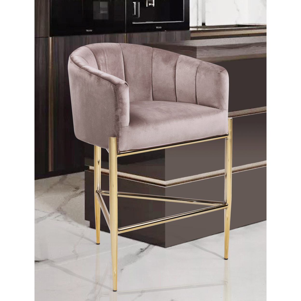 Iconic Home Ardee Counter Stool Chair Velvet Upholstered Shelter Arm Shell Design 3 Legged Gold Tone Solid Metal Base - Blush