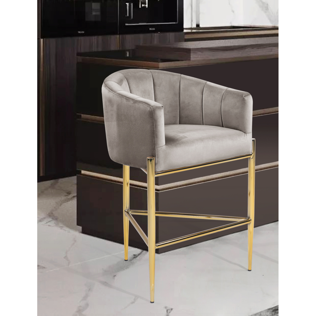 Iconic Home Ardee Counter Stool Chair Velvet Upholstered Shelter Arm Shell Design 3 Legged Gold Tone Solid Metal Base - Taupe