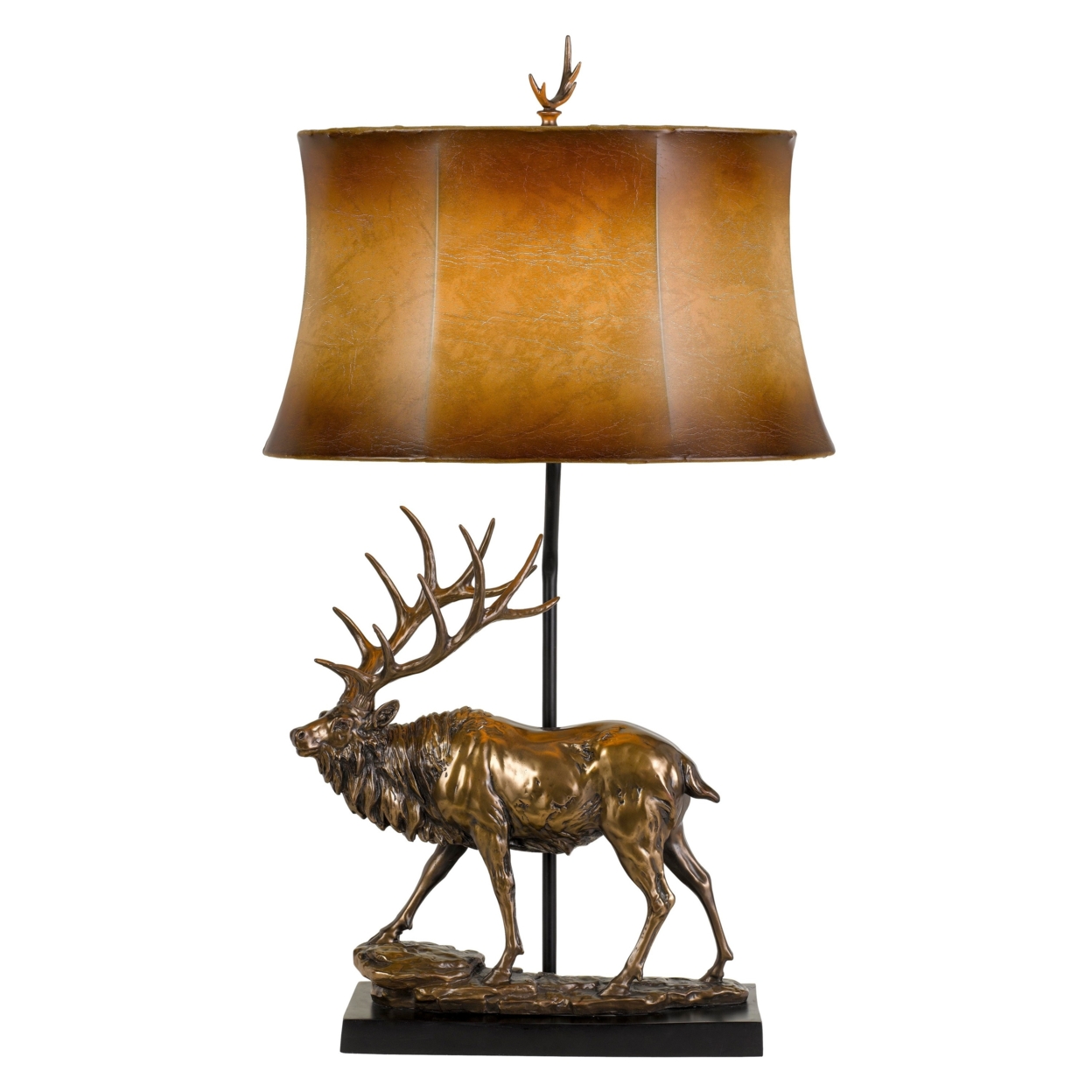 Resin Body Lamp With Deer Design And Leatherette Bell Shade, Brown And Gold- Saltoro Sherpi