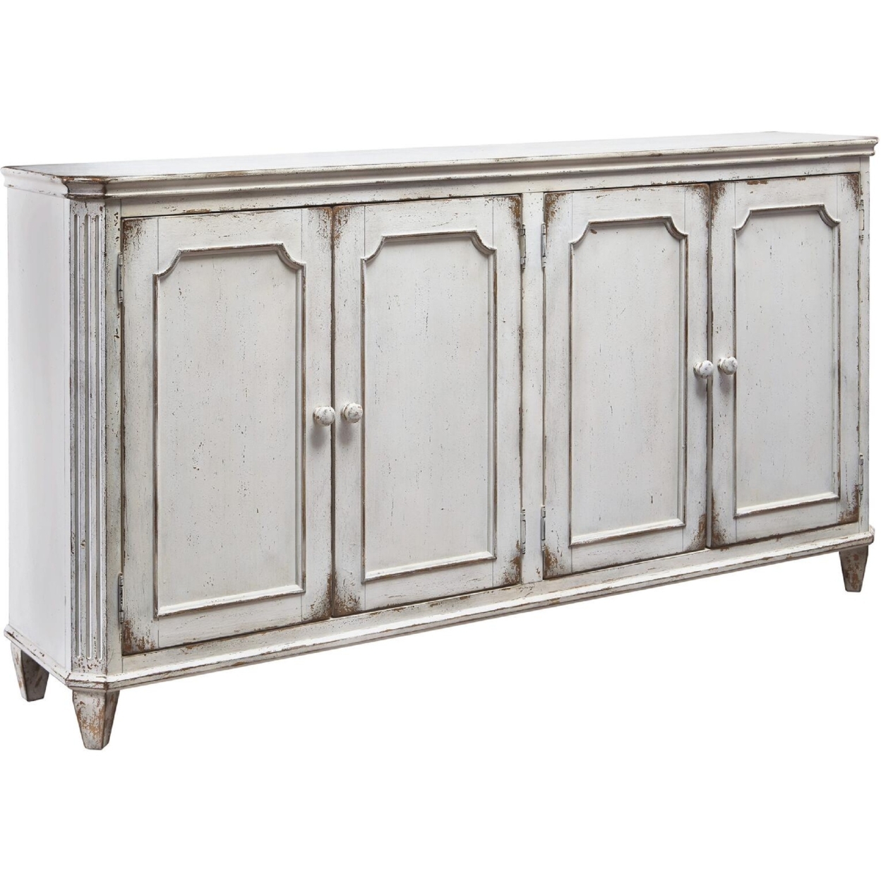 4 Panel Door Cabinet With Fluted Detail, Antique White- Saltoro Sherpi