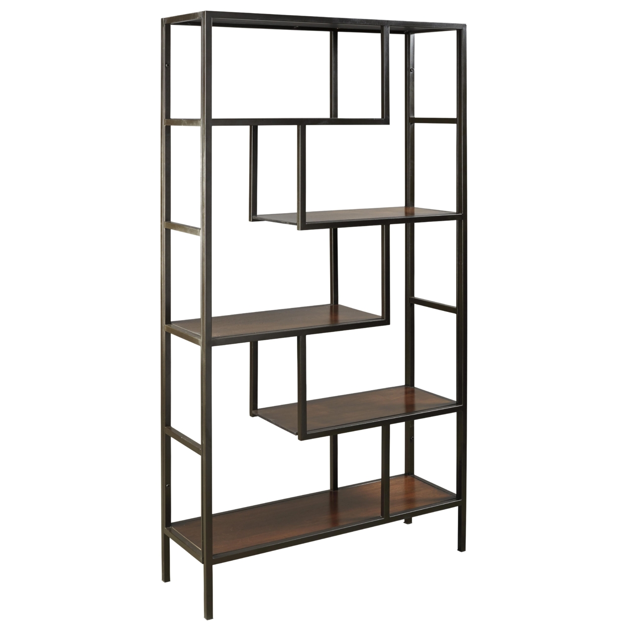 5 Shelves Asymmetric Design Bookcase With Metal Frame, Brown And Black- Saltoro Sherpi