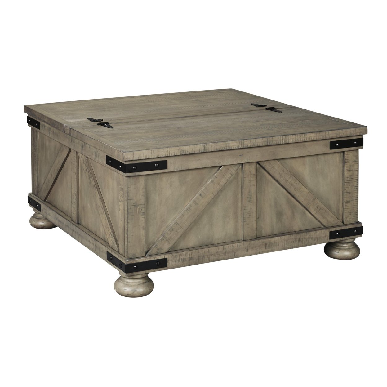 Farmhouse Cocktail Table With Lift Top Storage And Crossbuck Details, Gray- Saltoro Sherpi