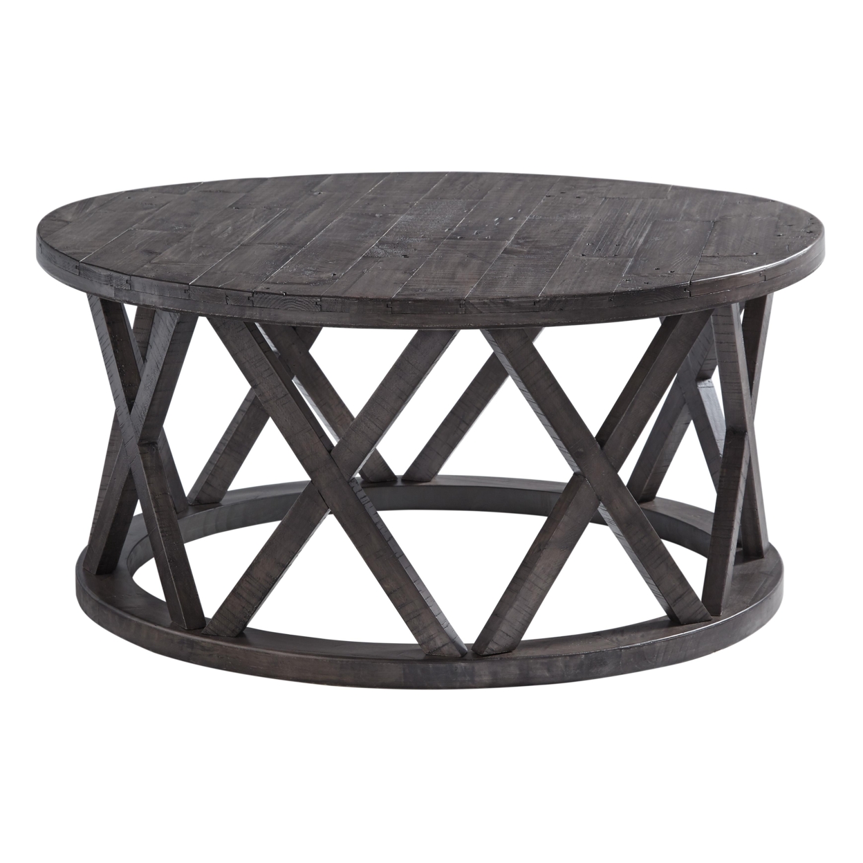Plank Style Round Wooden Frame Cocktail Table With Lattice Cut Out, Gray- Saltoro Sherpi