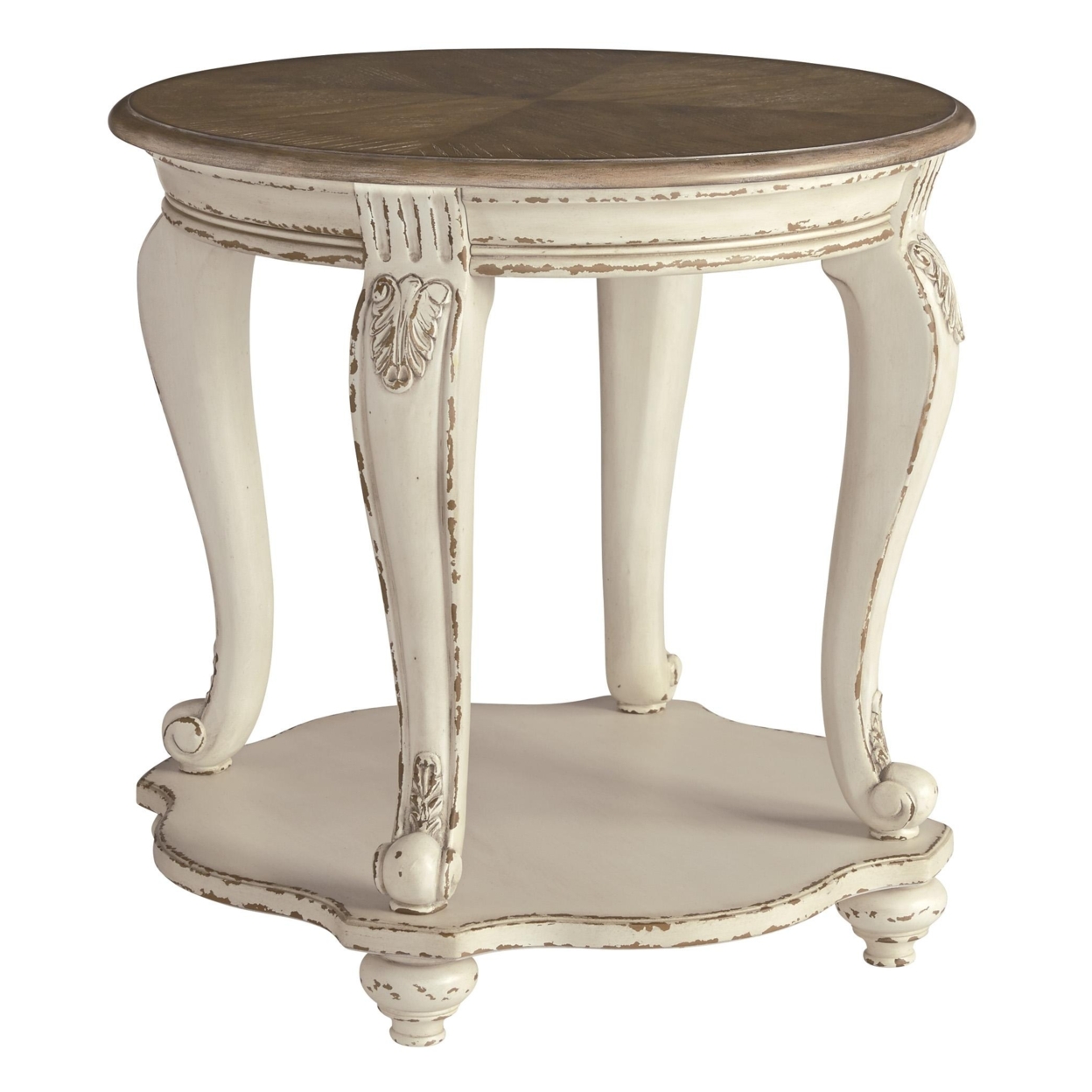Round Wooden End Table With Open Bottom Shelf, Brown And Antique White- Saltoro Sherpi
