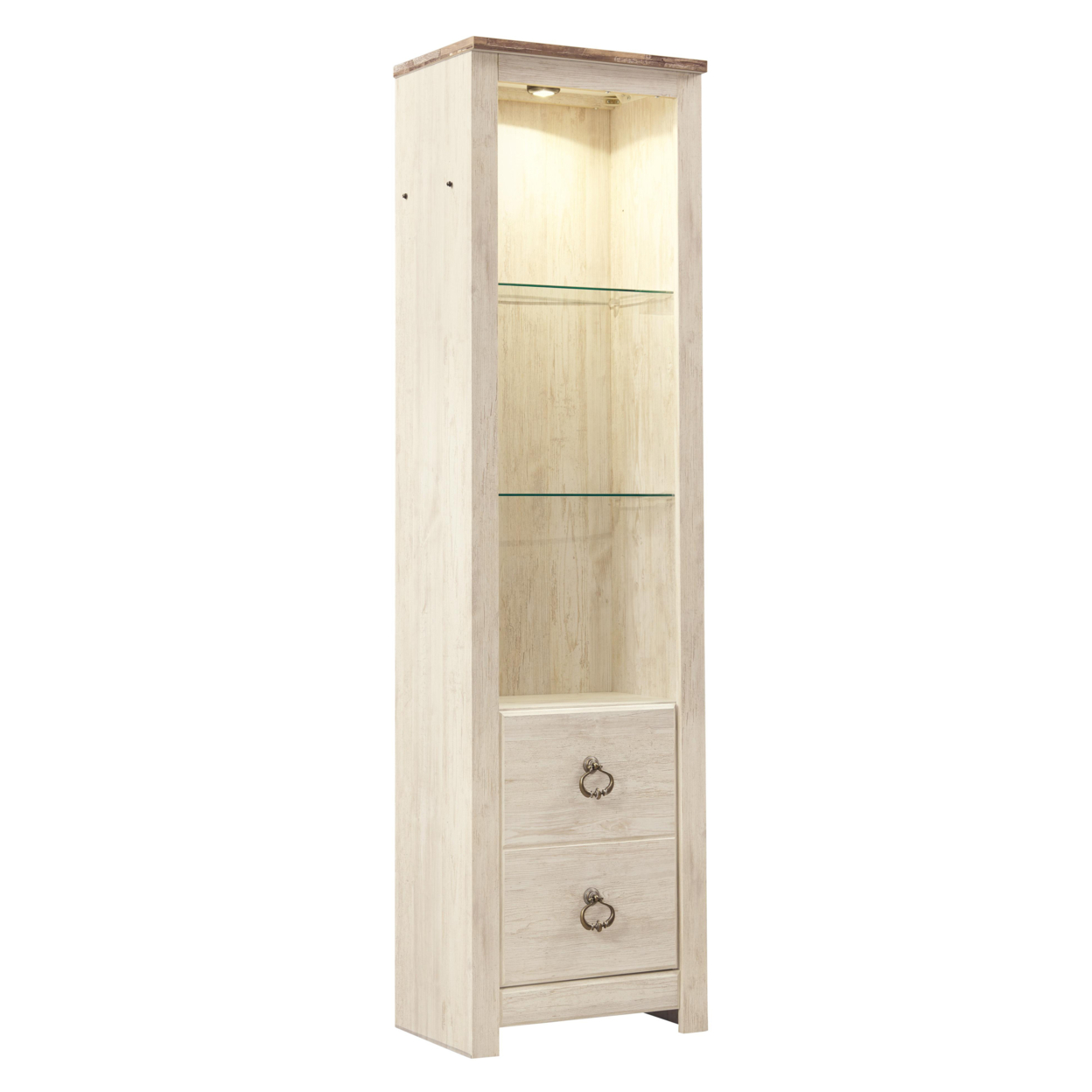 Tall Pier With 1 Door Cabinet And 2 Adjustable Glass Shelves, Antique White- Saltoro Sherpi