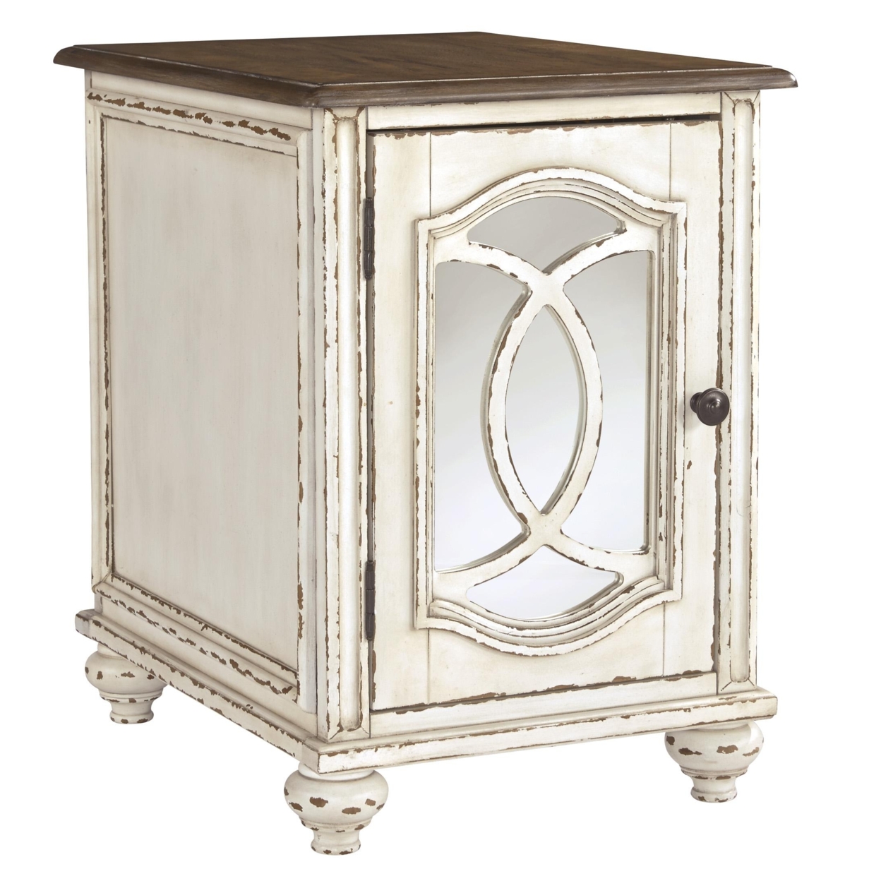 Two Tone Chair Side End Table With Mirror Insert Cabinet, White And Brown- Saltoro Sherpi