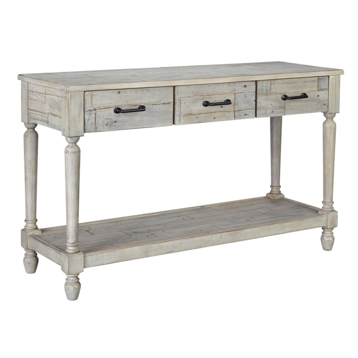 Wooden Frame Sofa Table With 3 Drawers And 1 Bottom Shelf, Washed White- Saltoro Sherpi