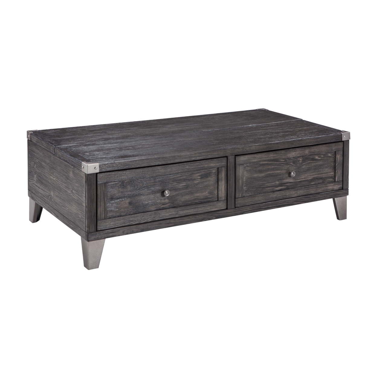 Wooden Lift Top Cocktail Table With 2 Drawers And Metal Accents, Gray- Saltoro Sherpi