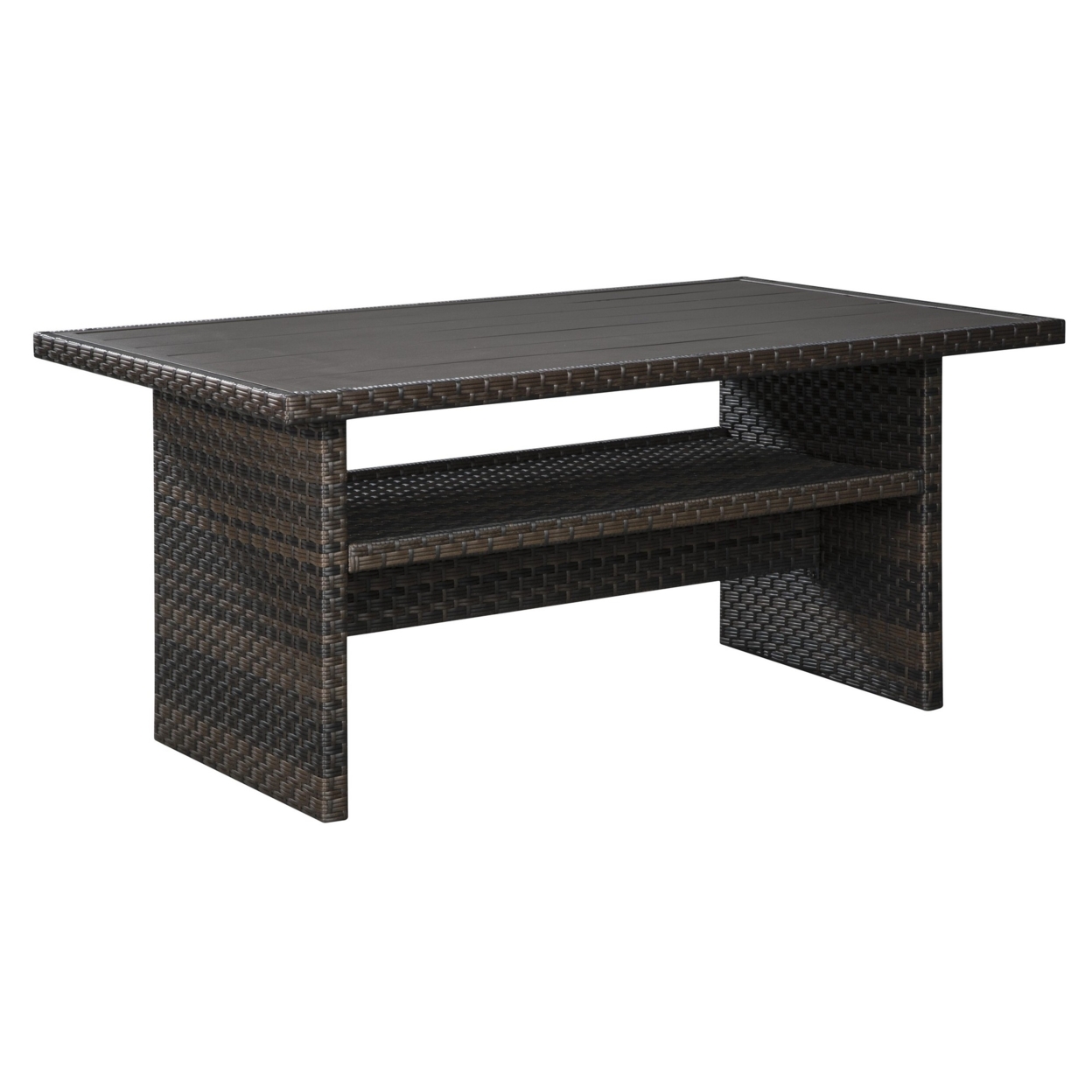 Rectangular Wicker Woven Aluminum Frame Table With Open Shelf, Dark Brown- Saltoro Sherpi