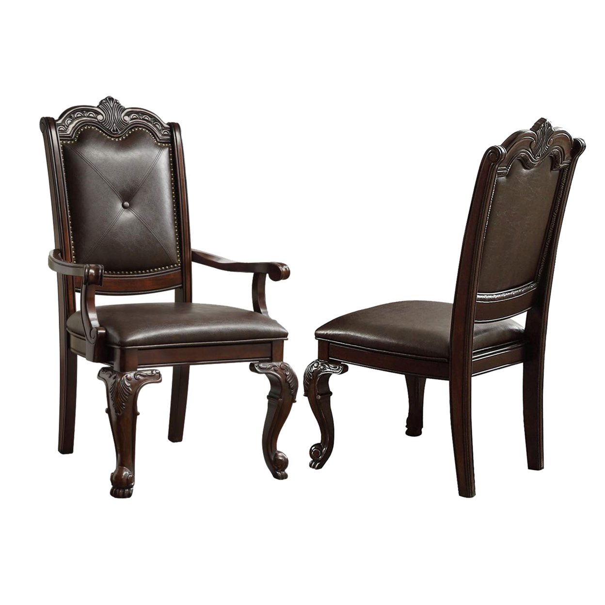Crowned Top Wooden Side Chair With Leatherette Seating, Set Of 2, Dark Brown- Saltoro Sherpi