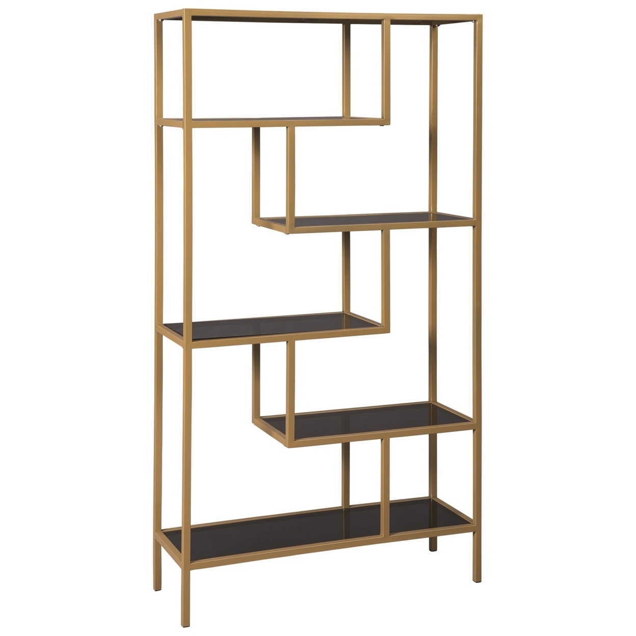 Metal Frame Bookcase With 5 Tiered Display Glass Shelves, Gold And Black- Saltoro Sherpi
