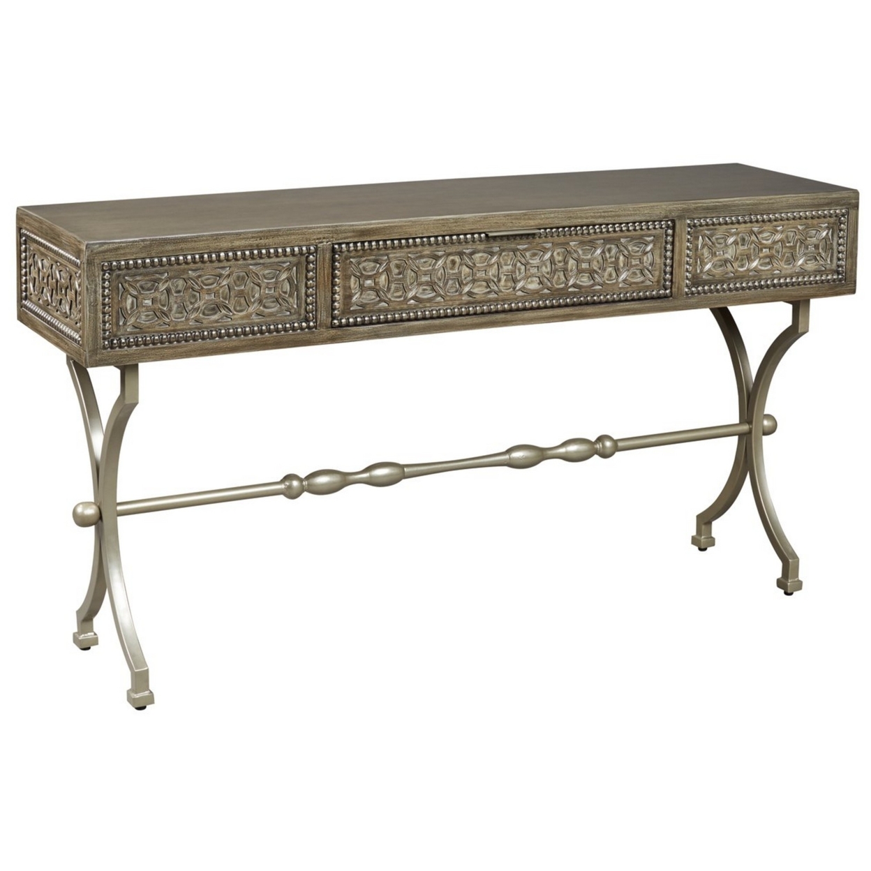 1 Drawer Console Sofa Table With Medallion Pattern And X Shaped Legs, Brown- Saltoro Sherpi