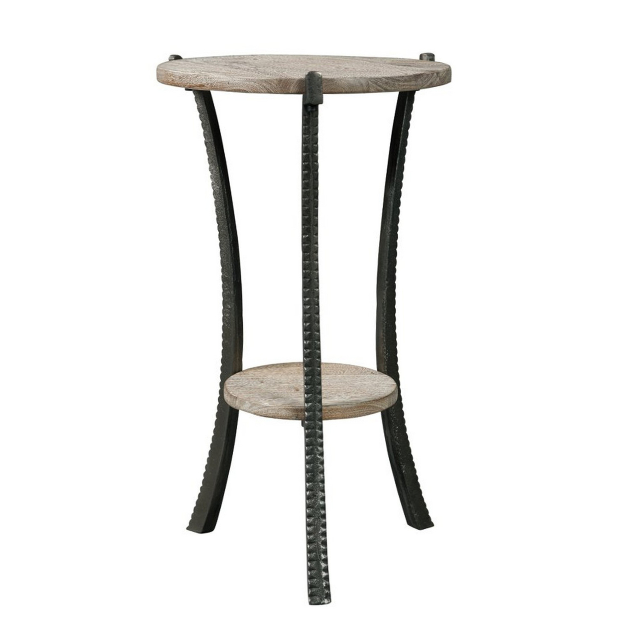 Round Wooden Top Accent Table With Flared Metal Legs, Brown And Gray- Saltoro Sherpi