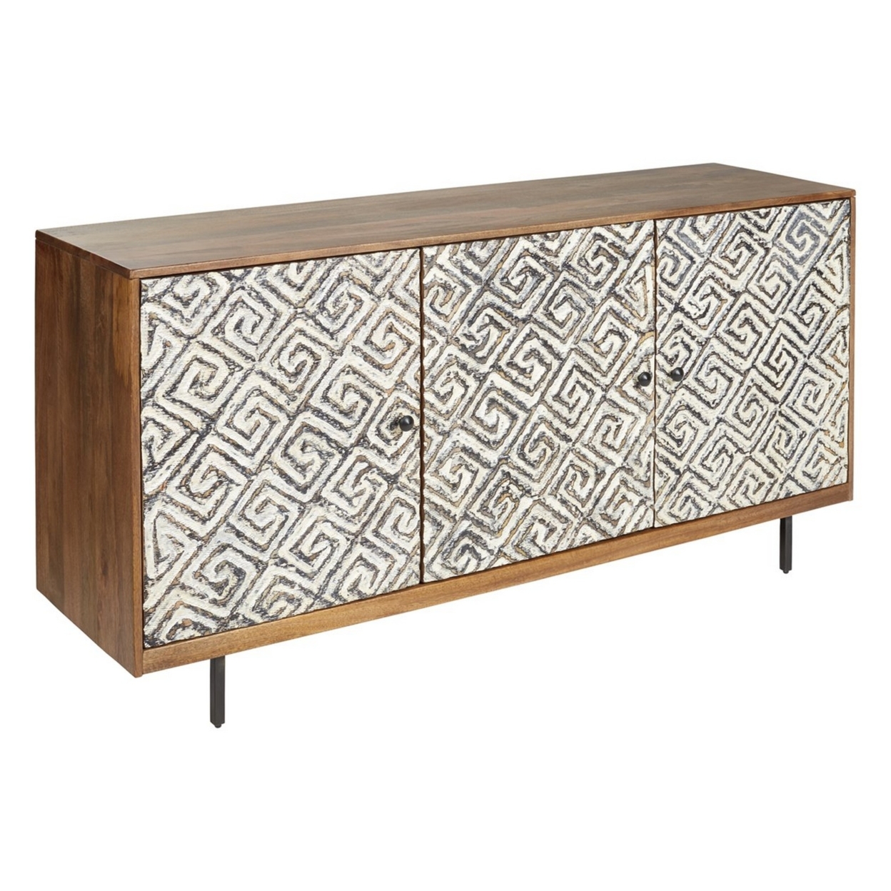 3 Door Wooden Accent Cabinet With Carved Trellis Motif, Brown And Off White- Saltoro Sherpi