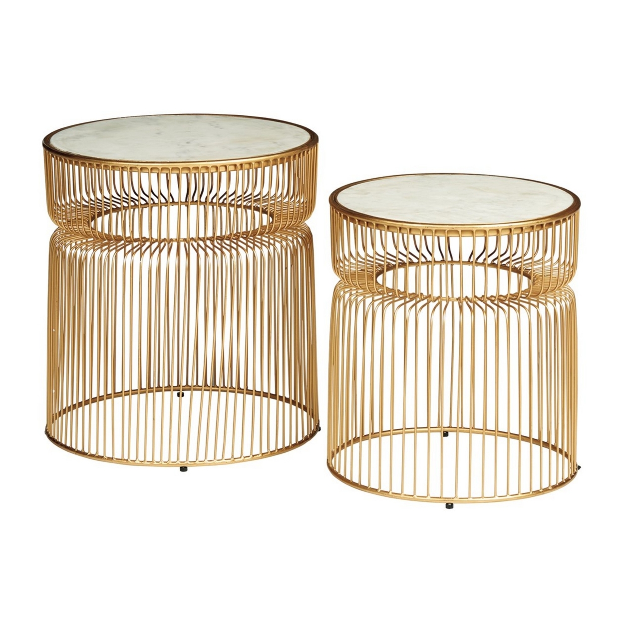 Round Marble Top Accent Table With Metal Cage Design Base, Set Of 2, Gold- Saltoro Sherpi