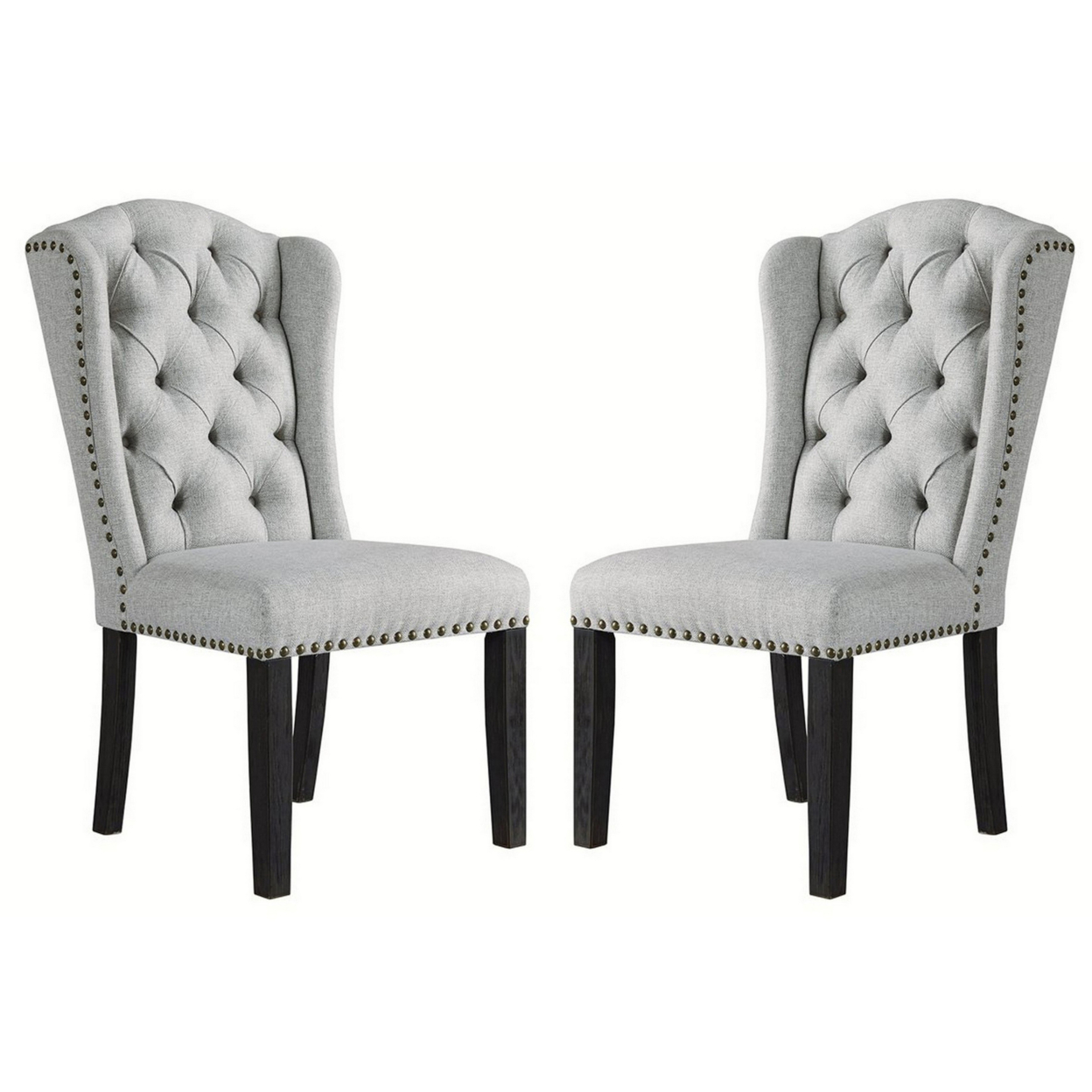 Button Tufted Fabric Upholstered Side Chair With Wooden Legs,Set Of 2, Gray- Saltoro Sherpi