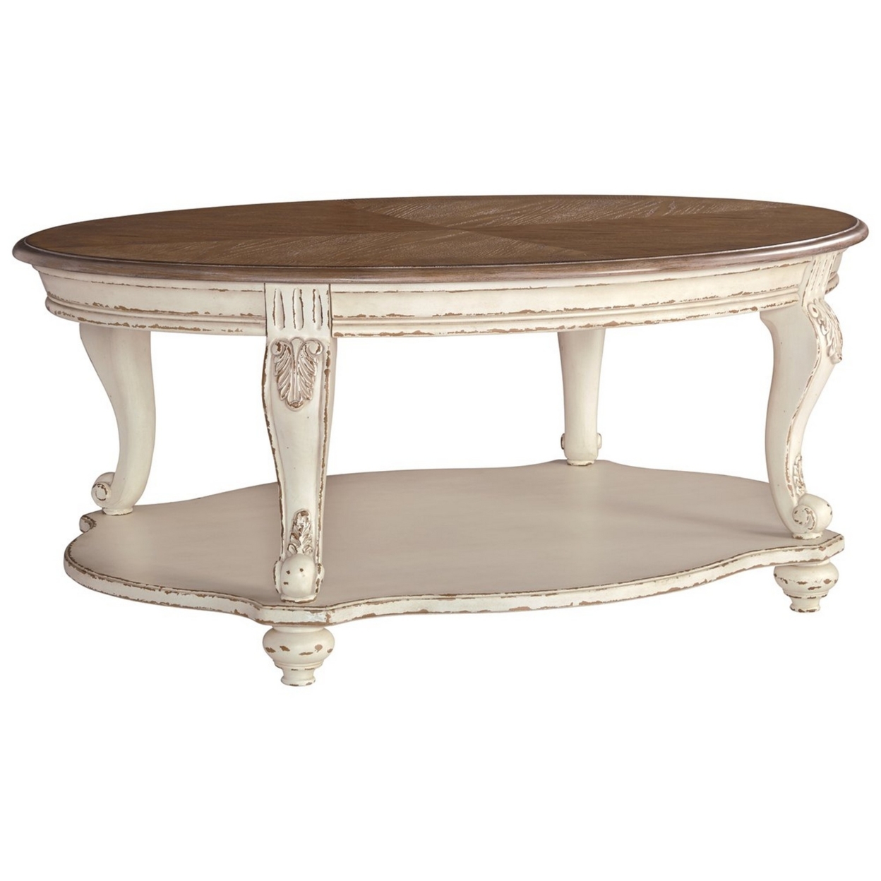 Two Tone Oval Cocktail Table With Bottom Shelf, Antique White And Brown- Saltoro Sherpi