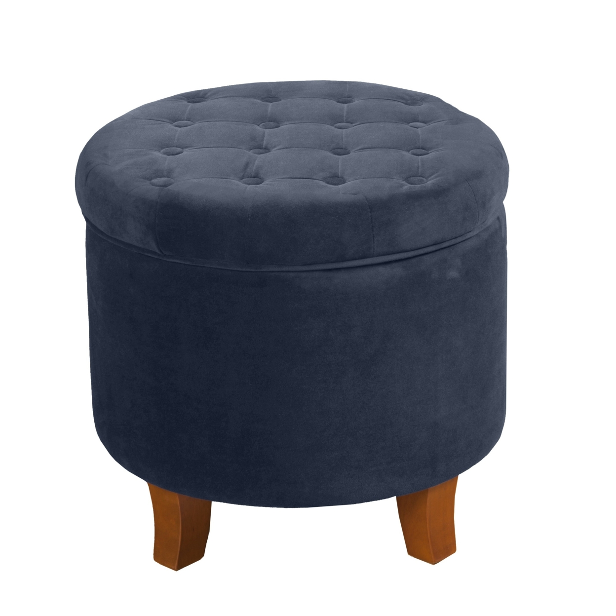 Button Tufted Velvet Upholstered Wooden Ottoman With Hidden Storage, Dark Blue And Brown- Saltoro Sherpi