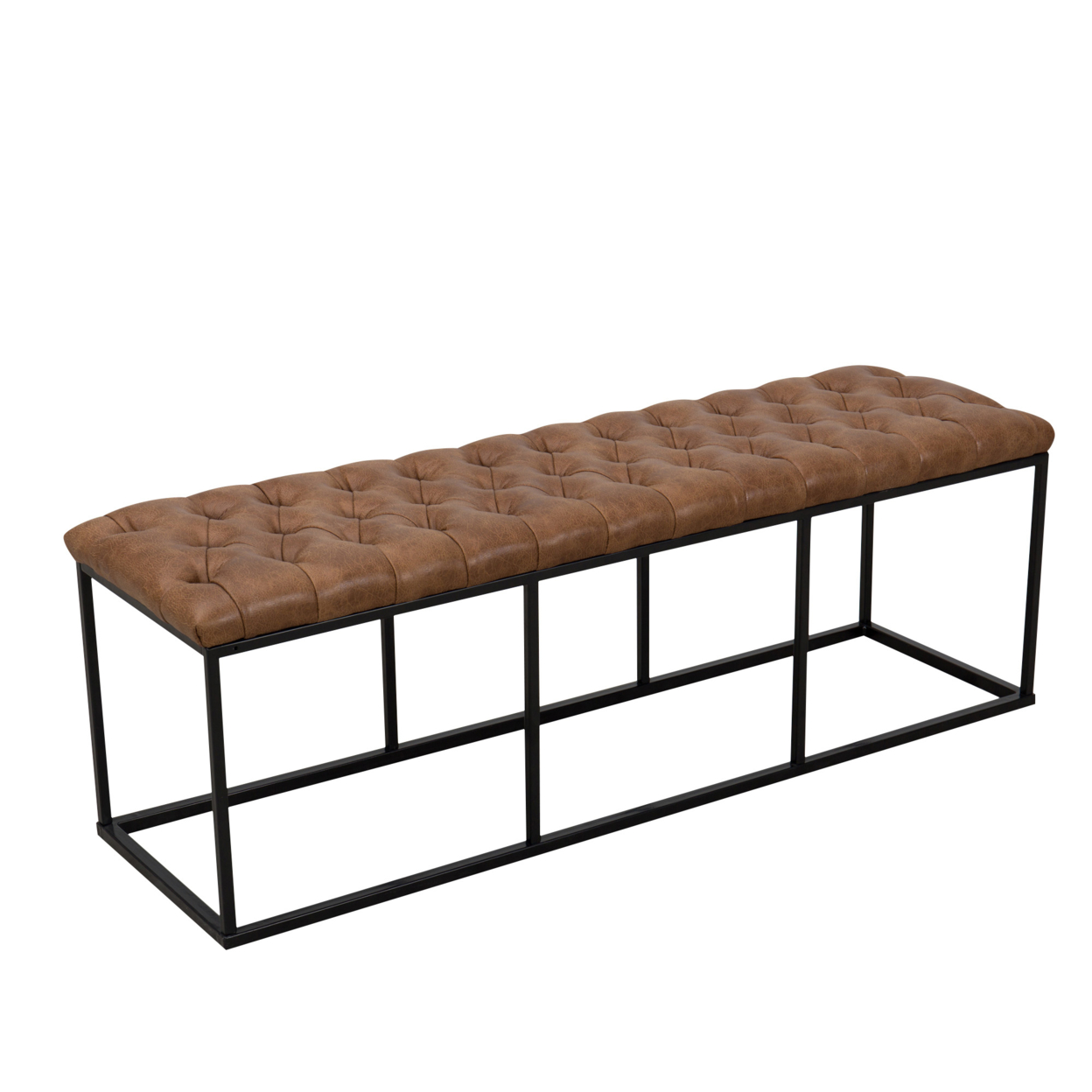 Leatherette Upholstered Bench With Button Tufted Cushioned Seat And Metal Base, Brown- Saltoro Sherpi