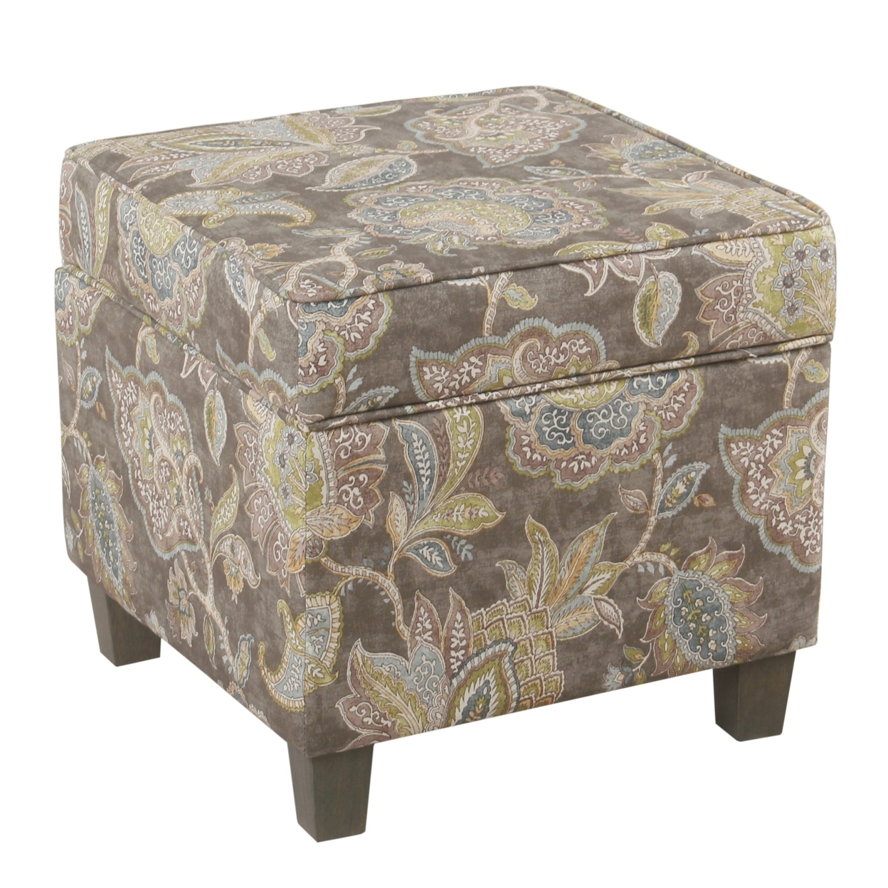 Floral Pattern Fabric Upholstered Wooden Ottoman With Lift Off Top And Tapered Feet, Multicolor- Saltoro Sherpi