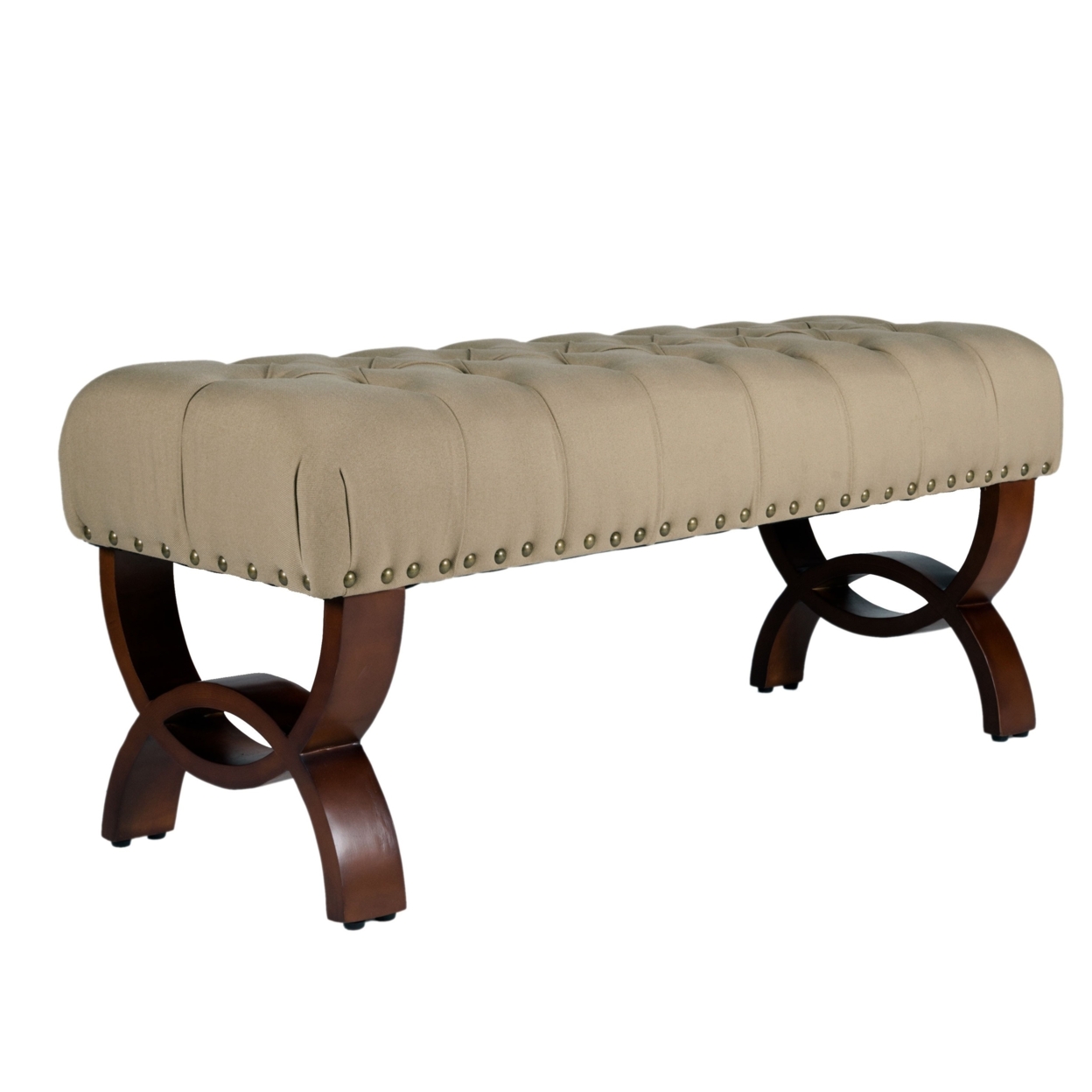 Wooden Bench With Button Tufted Fabric Padded Seat And Nail Head Trim, Beige And Brown- Saltoro Sherpi