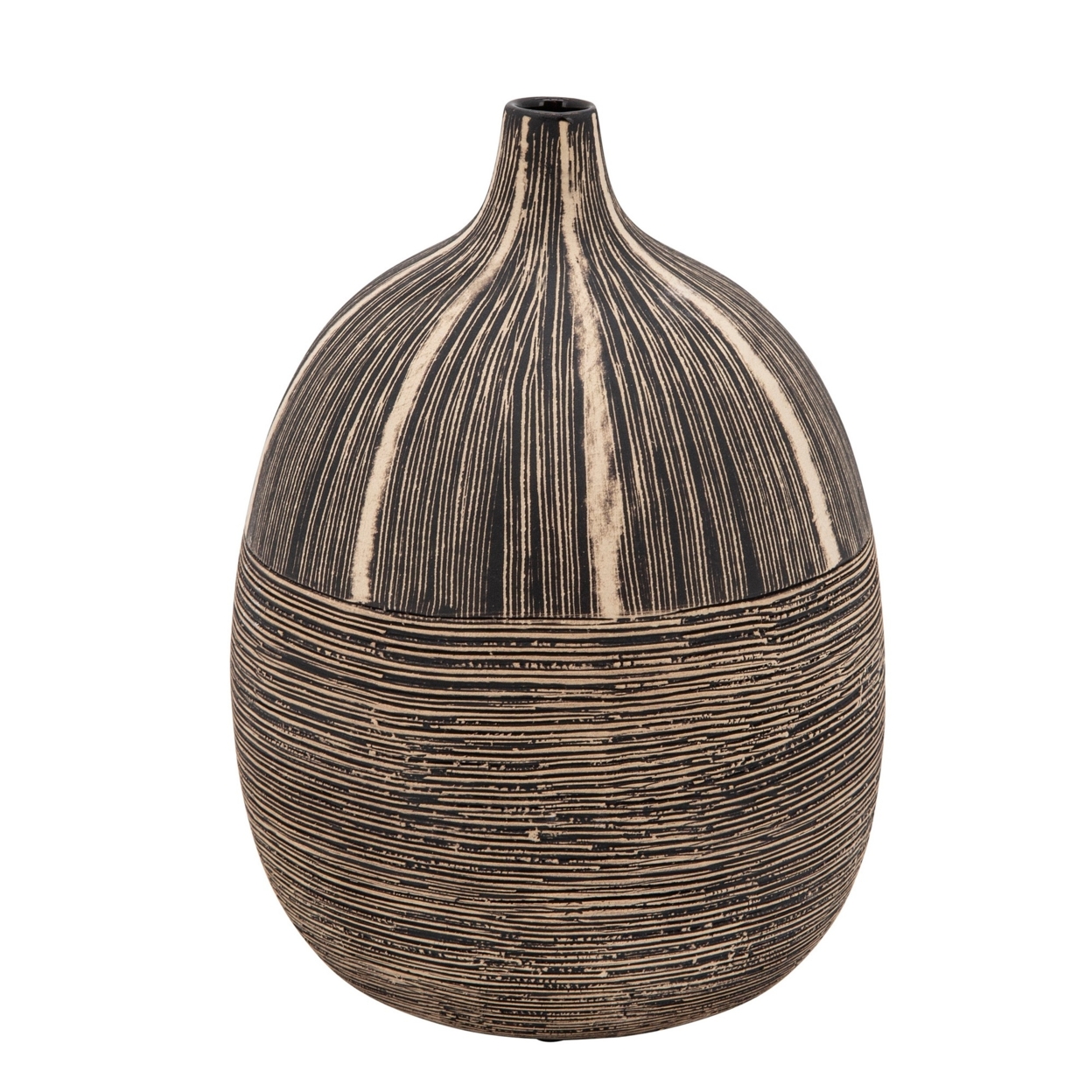 Bellied Shape Ceramic Vase With Textured Lines, Brown- Saltoro Sherpi