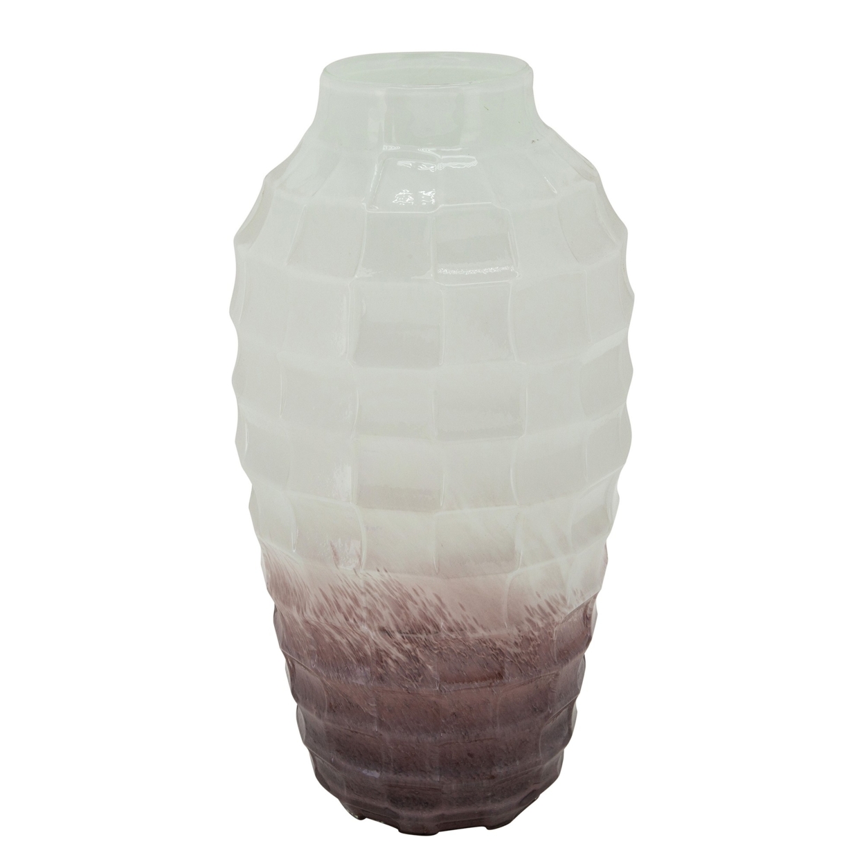 16 Inches Geometric Textured Glass Vase, White And Brown- Saltoro Sherpi