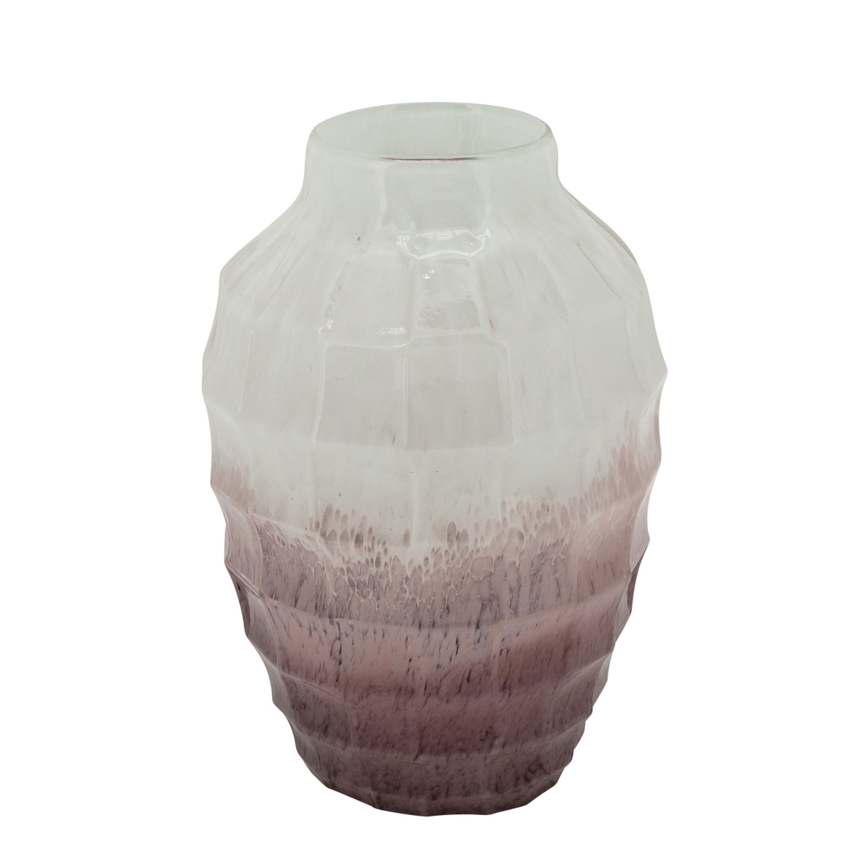 12 Inches Geometric Textured Glass Vase, White And Brown- Saltoro Sherpi