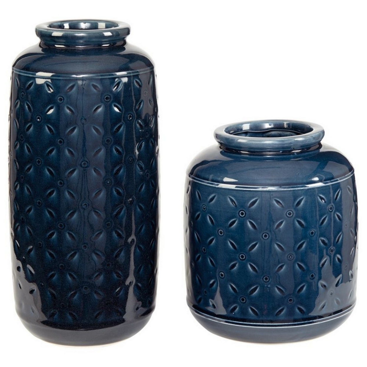 Vase With Sand Dollar Engraving, Set Of 2, Navy Blue- Saltoro Sherpi