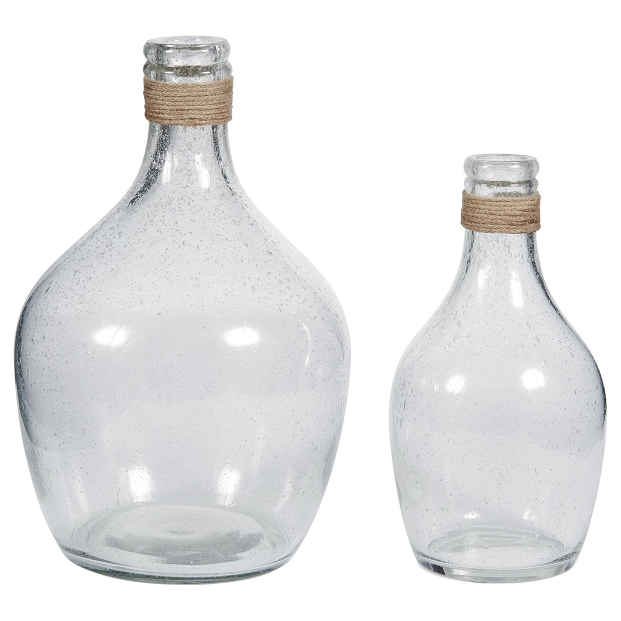 Vase With Bottleneck And Rope Accent, Set Of 2, Clear- Saltoro Sherpi