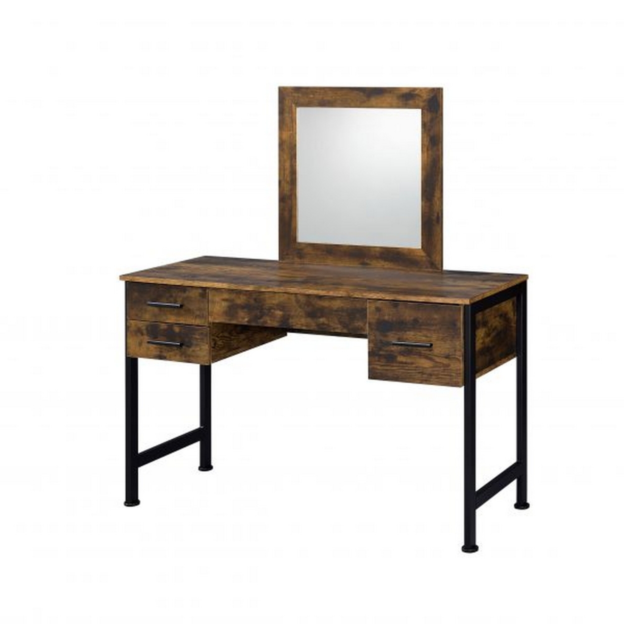 Vanity Desk With 4 Drawers And Square Mirror, Brown And Black- Saltoro Sherpi