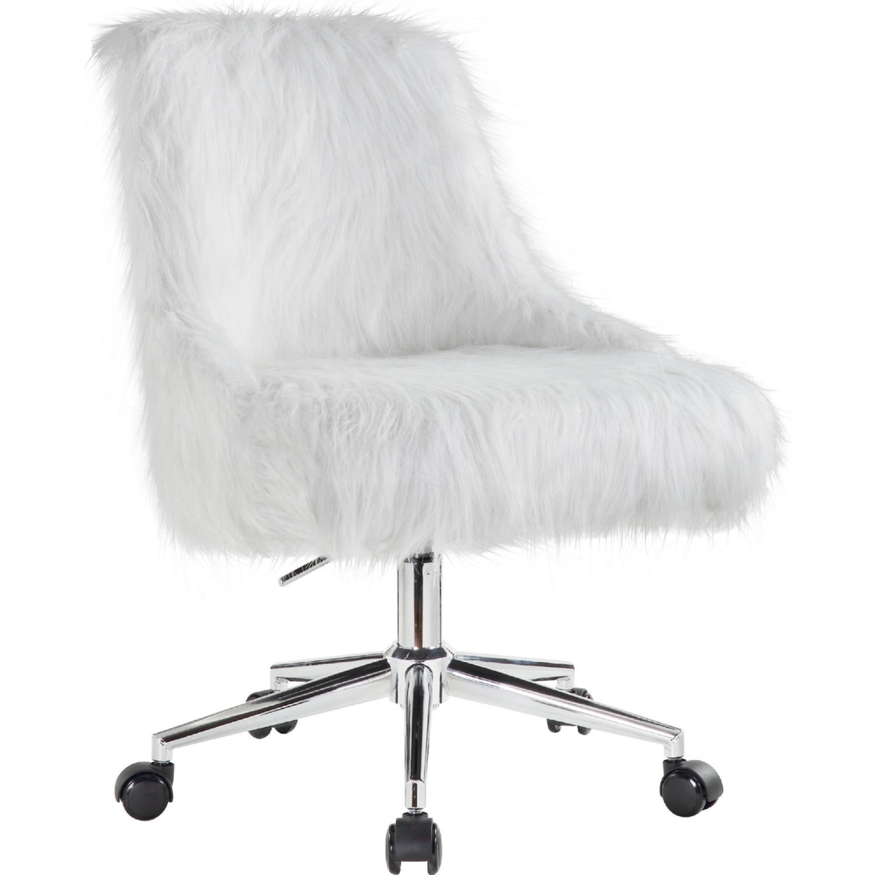 Swivel Office Chair With Faux Fur Fabric, White And Chrome- Saltoro Sherpi