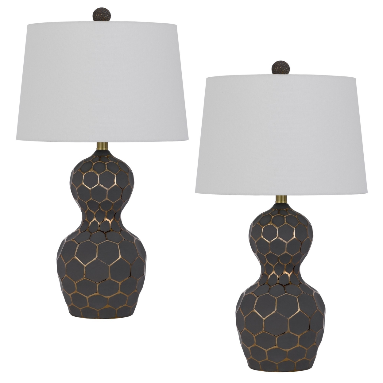 27 Inch Modern Curved Table Lamp, Set Of 2, Round Shade, Black, Gold Resin- Saltoro Sherpi