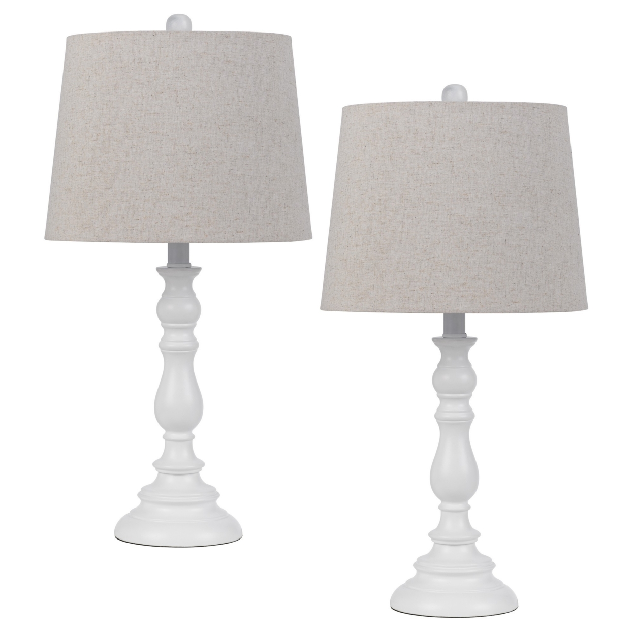 28 Inch Table Lamp, Set Of 2, Beige Fabric Shades, White Turned Frame- Saltoro Sherpi