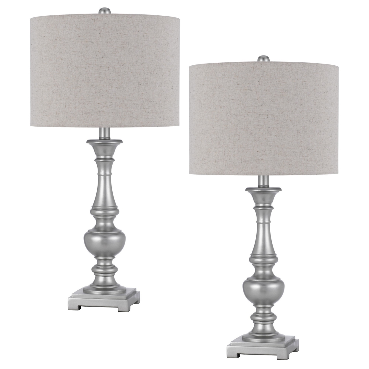 28 Inch Table Lamp, Set Of 2, Beige Fabric Shade, Silver Carved Frame- Saltoro Sherpi