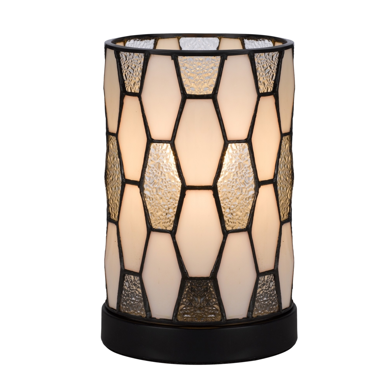 Eli 9 Inch Accent Lamp, Hand Painted Cylinder Tiffany Style Shade, Bronze- Saltoro Sherpi