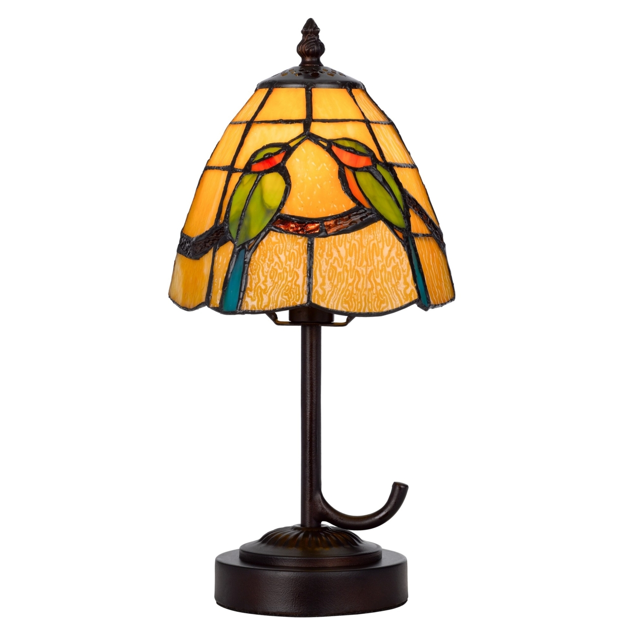 Eli 13 Inch Accent Lamp, Painted Avian Pair Tiffany Style Shade, Multicolor- Saltoro Sherpi