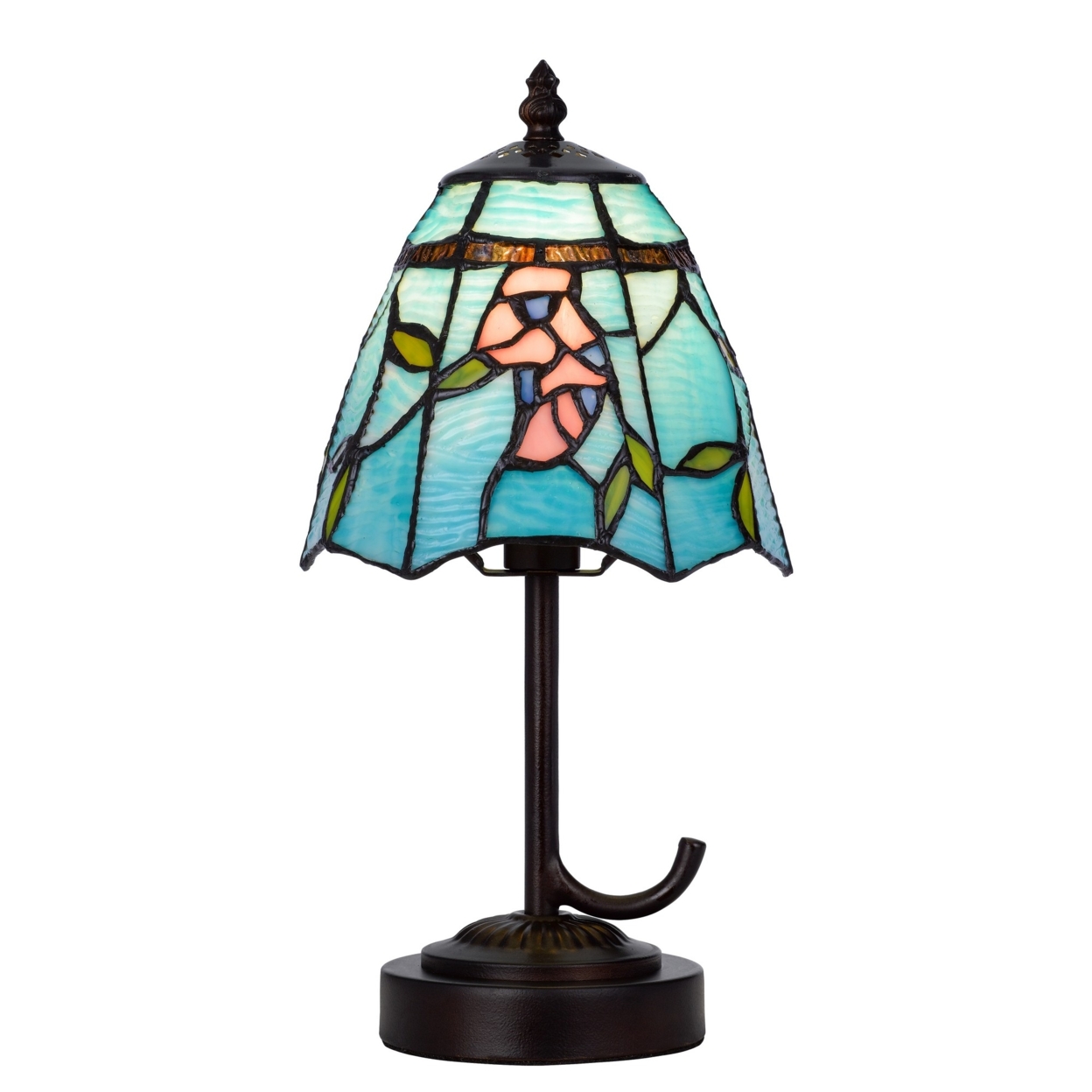 Eli 13 Inch Accent Lamp, Hand Painted Multicolor Blue Tiffany Style Shade- Saltoro Sherpi