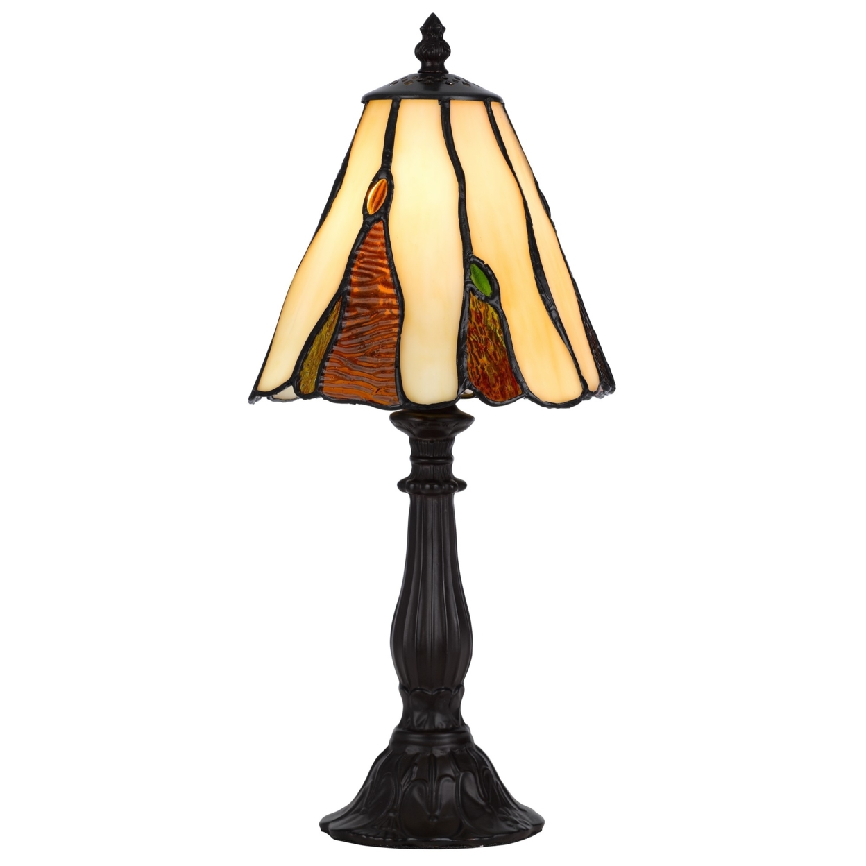 Eli 14 Inch Accent Lamp, Scalloped Stained Tiffany Style Shade, Dark Bronze- Saltoro Sherpi