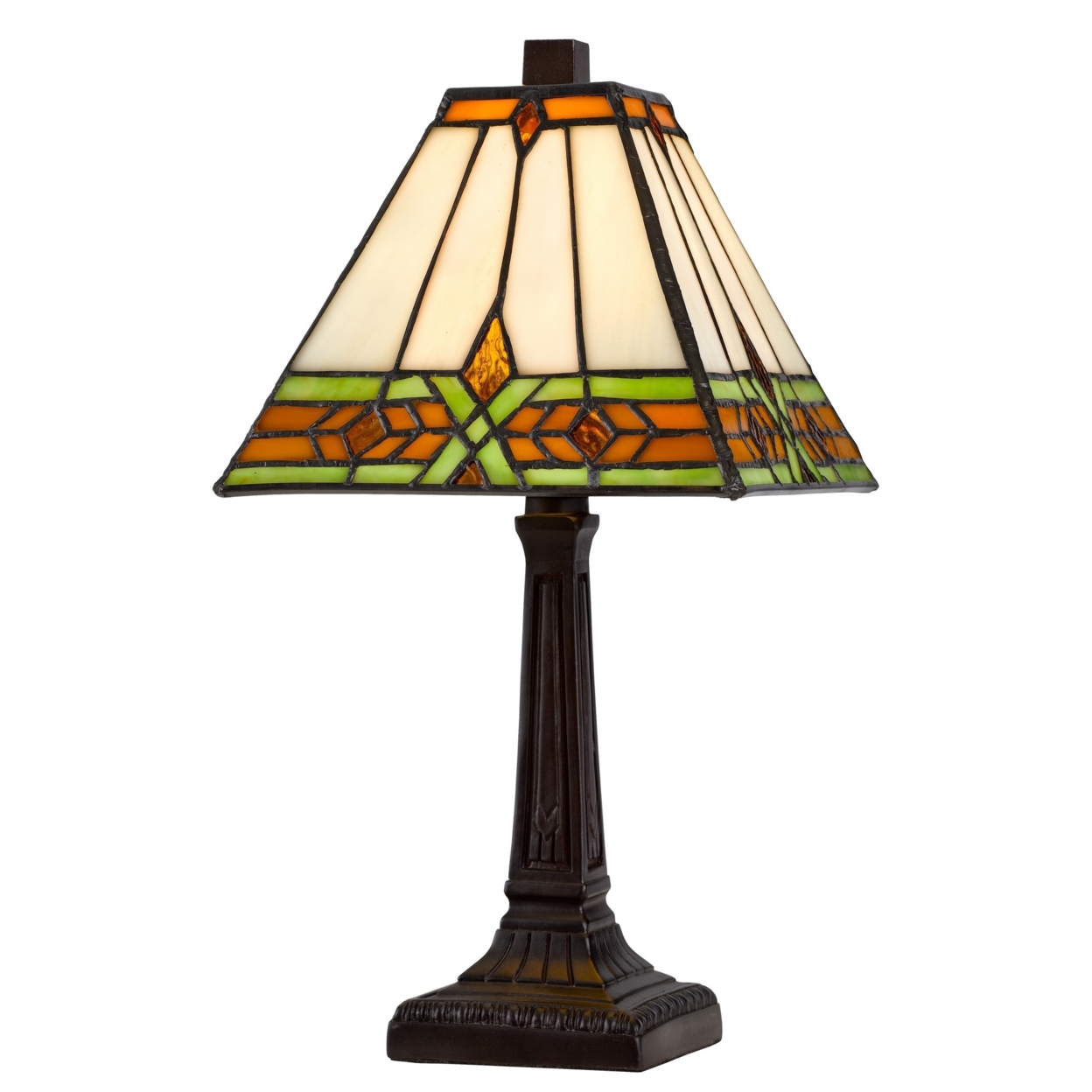 Eli 14 Inch Accent Lamp, Stained Square Tiffany Style Shade, Bronze Frame- Saltoro Sherpi