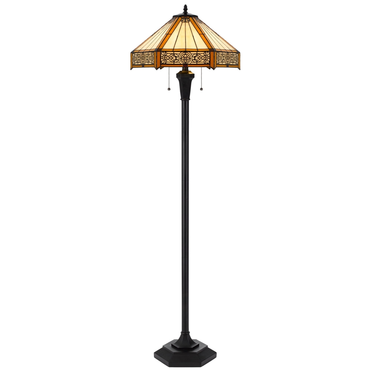 Eli 60 Inch Floor Lamp, Hexagonal Tiffany Style Shade, Dual Light, Bronze- Saltoro Sherpi