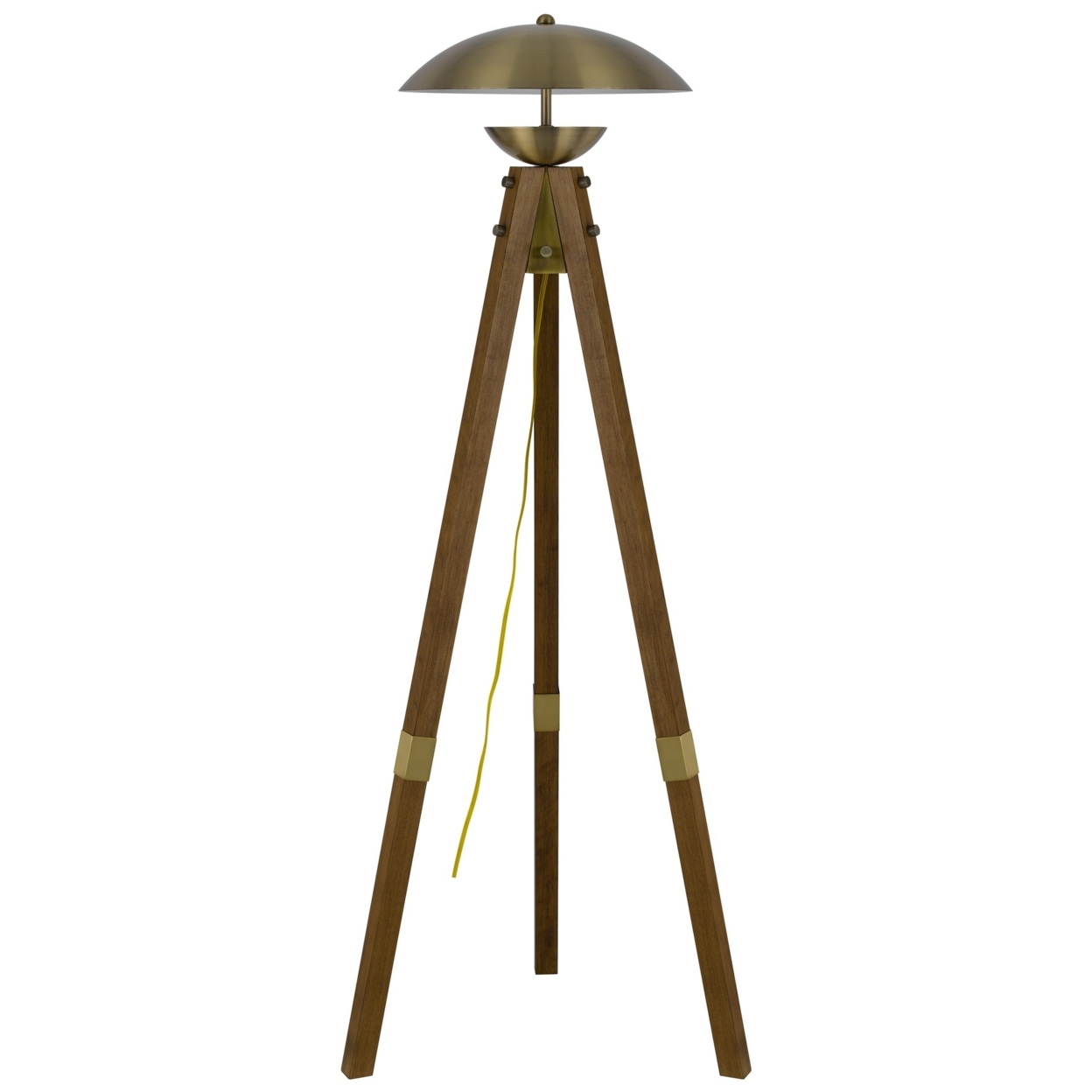 55 Inch Wood Tripod Floor Lamp, Half Domed Metal Shade, Antique Brass- Saltoro Sherpi