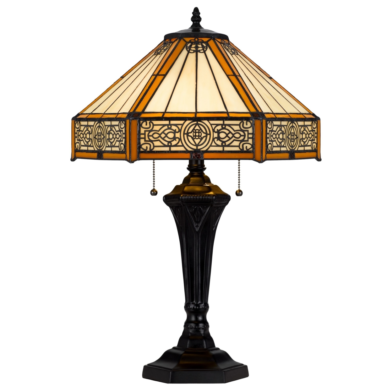 Eli 24 Inch Table Lamp, Hexagonal Tiffany Style Shade, Dual Lights, Bronze- Saltoro Sherpi