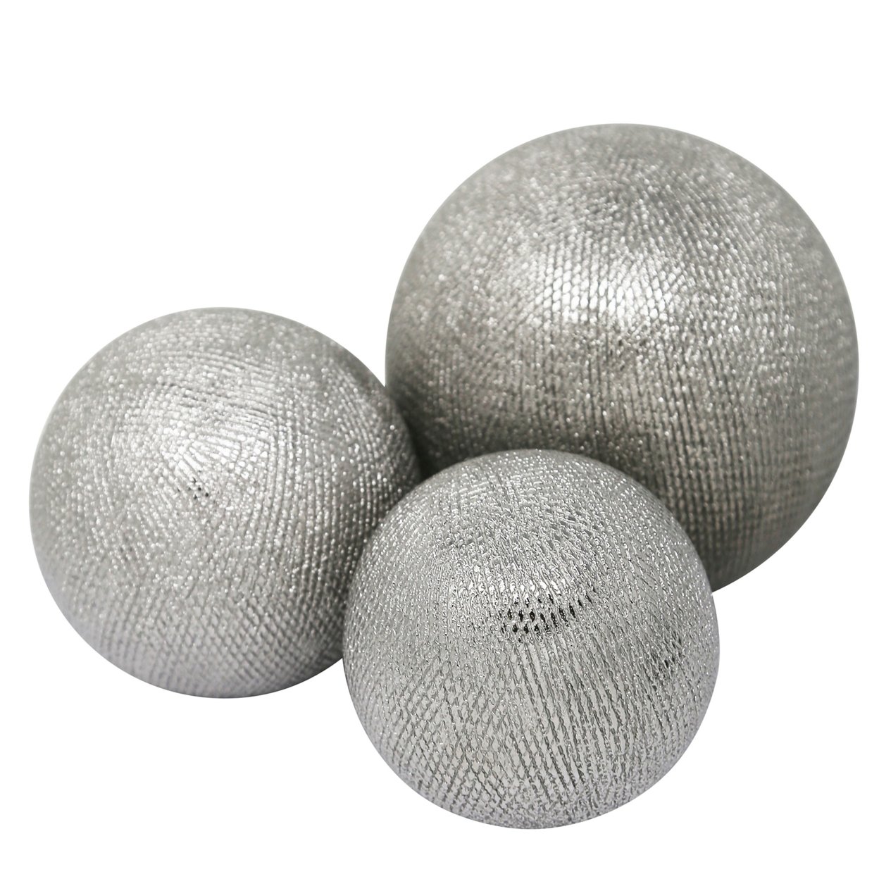 Decorative Ceramic Orbs With Textured Design, Silver, Set Of Three- Saltoro Sherpi
