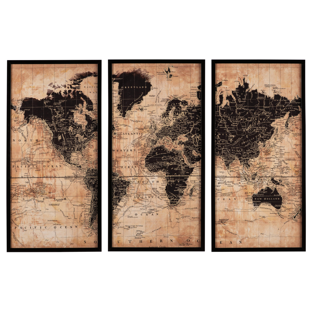 3 Piece Gallery Wrapped Wall Art Depicting World Map, Brown And Black- Saltoro Sherpi