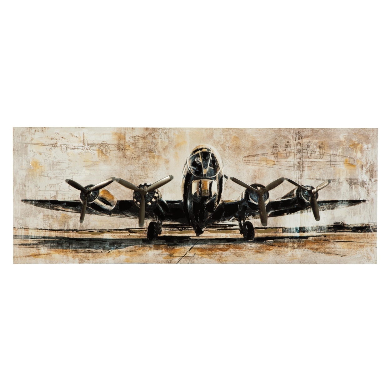 Gallery Wrapped Canvas Wall Art With Airplane Print, Brown And Black- Saltoro Sherpi