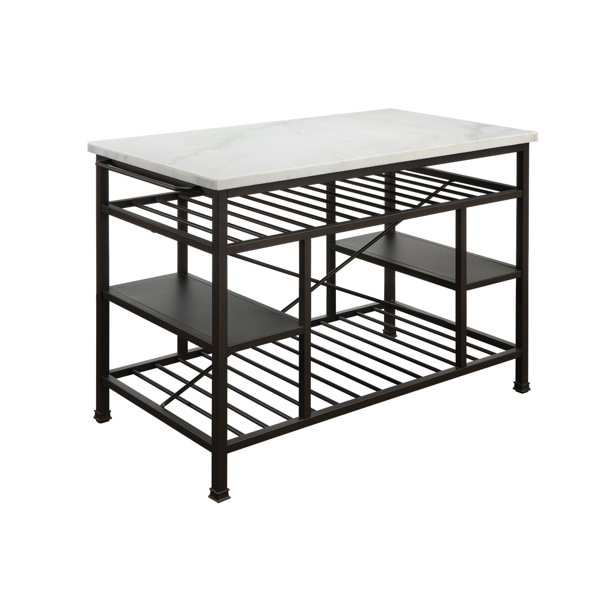 Marble Top Metal Kitchen Island With 2 Slated Shelves, Brown And White- Saltoro Sherpi