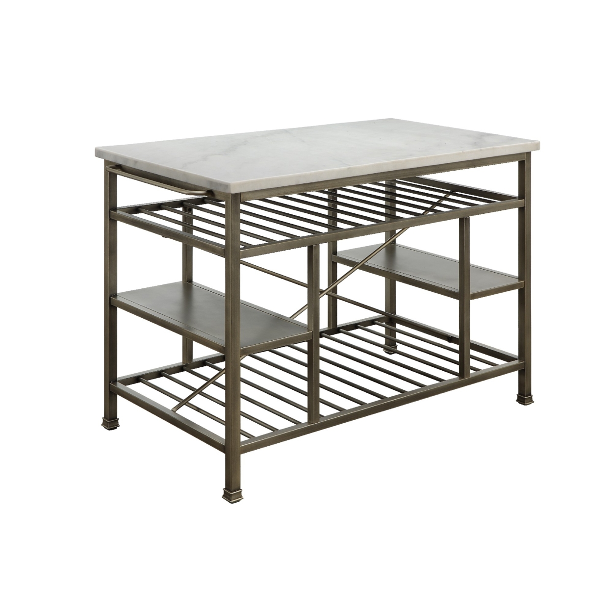 Marble Top Metal Kitchen Island With 2 Slated Shelves, Gray And White- Saltoro Sherpi