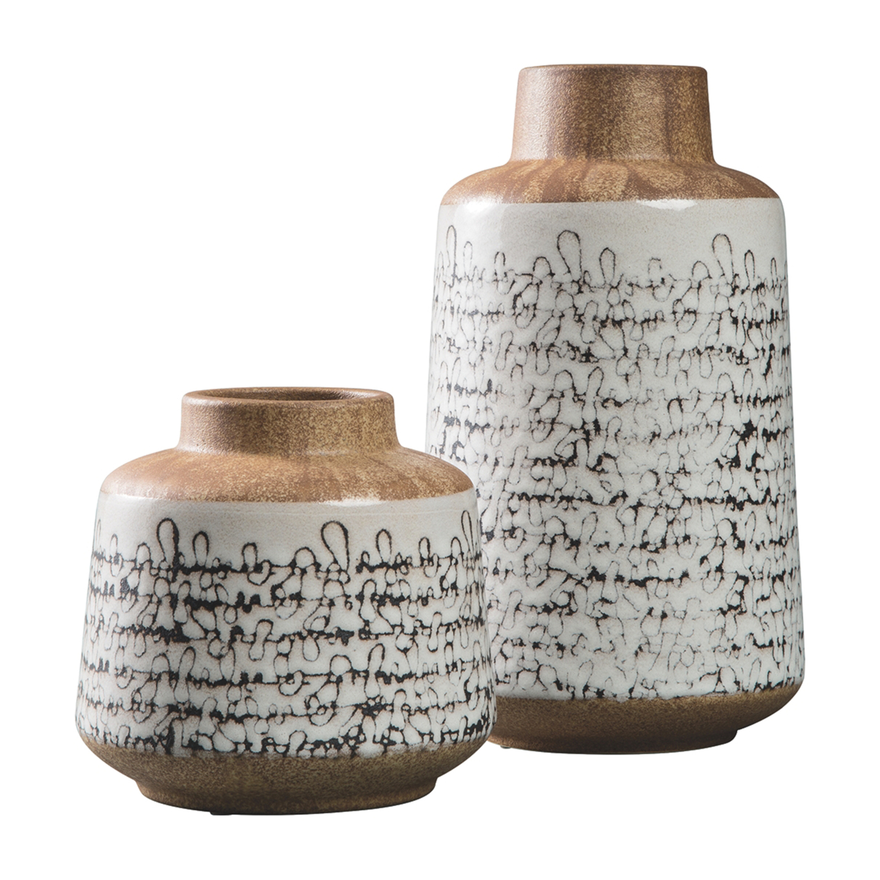 Ceramic Jar Design Vase With Dual Tone Look, Set Of 2, Gray And Brown- Saltoro Sherpi